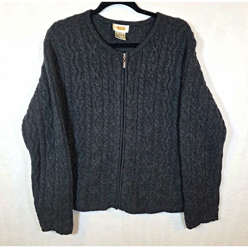 Talbots Women's Gray Cable-Knit Full Zip Lambswool Sweater Crew Neck L vintage